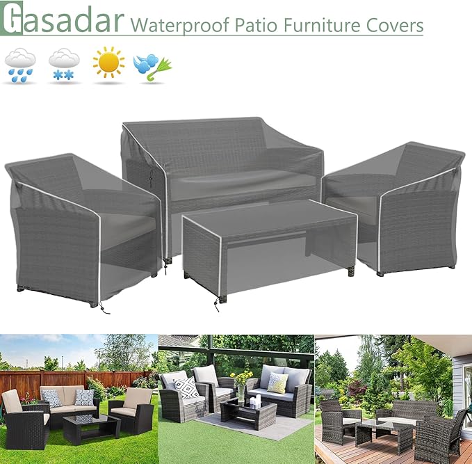 Gasadar Outdoor Furniture Cover Waterproof, 4 Piece Patio Furniture Covers for Patio Loveseat, Chair and Coffee Table, Heavy Duty 600D, Black