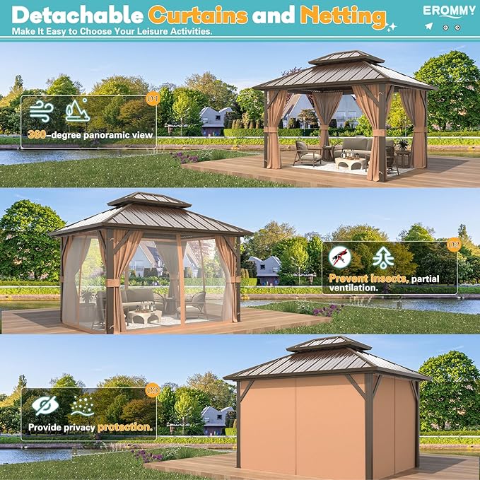 EROMMY 10' x 12' Hardtop Gazebo, Aluminum Frame Gazebos with Galvanized Steel Double Roof, Permanent Outdoor Metal Pavilion with Curtain and Netting for Patio, Lawn, Deck
