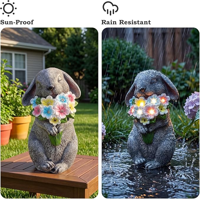 PETAFLOP Solar Garden Statues Outdoor Decor, Rabbit Figurines with Flowers for Patio Balcony Lawn Yard Decorations, Birthday Housewarming Gifts for Women Mom Grandma