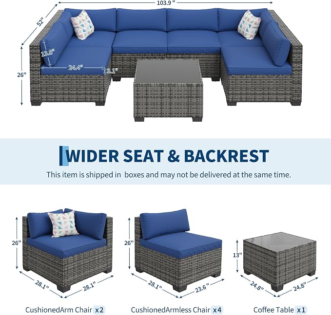 7-Piece Outdoor Rattan Sectional Sofa Set with Coffee Table – Gray Ombré Wicker & Navy Blue Cushions
