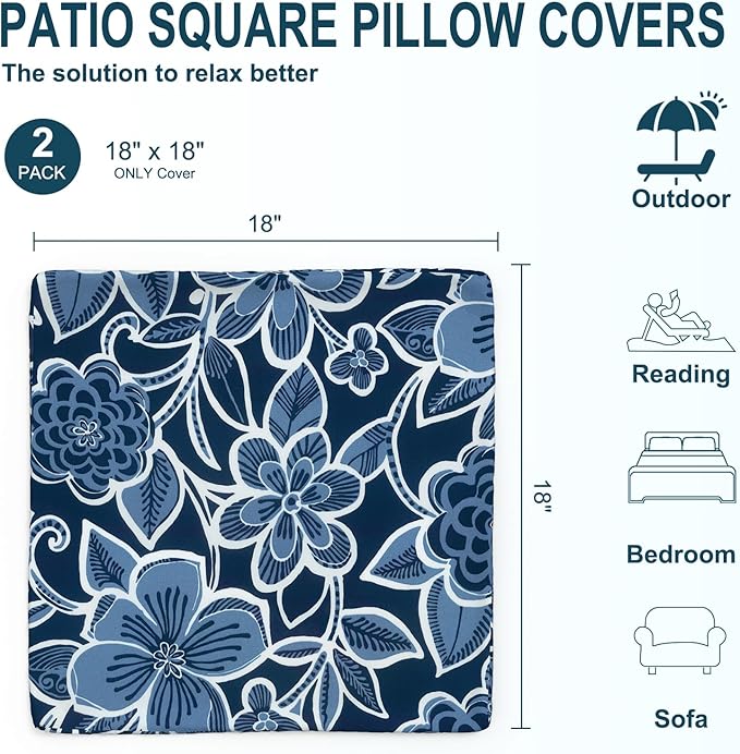DYTXIII Pack of 2 Outdoor Waterproof Pillow Covers ONLY, 18"x18" Square Decorative Double Printed Throw Pillow Cases for Patio Couch Porch Furniture, Flower Navy