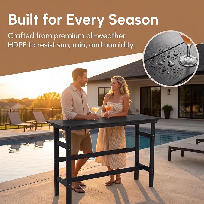 Outdoor Bar Table, HDPE Patio Pub Table, Weather-Resistant Tall Console Table for Backyard, Balcony & Garden, Durable All-Weather High Top Table, Easy Maintenance,Black