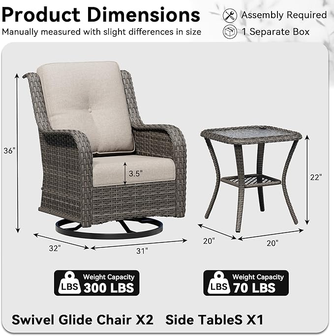 3 Piece Outdoor Wicker Patio Furniture Set, Swivel Rocker Patio Chairs Set with Thickened Olefin Cushions, High Back and Deep Seating, Hand-Woven PE Rattan for Porch, Deck