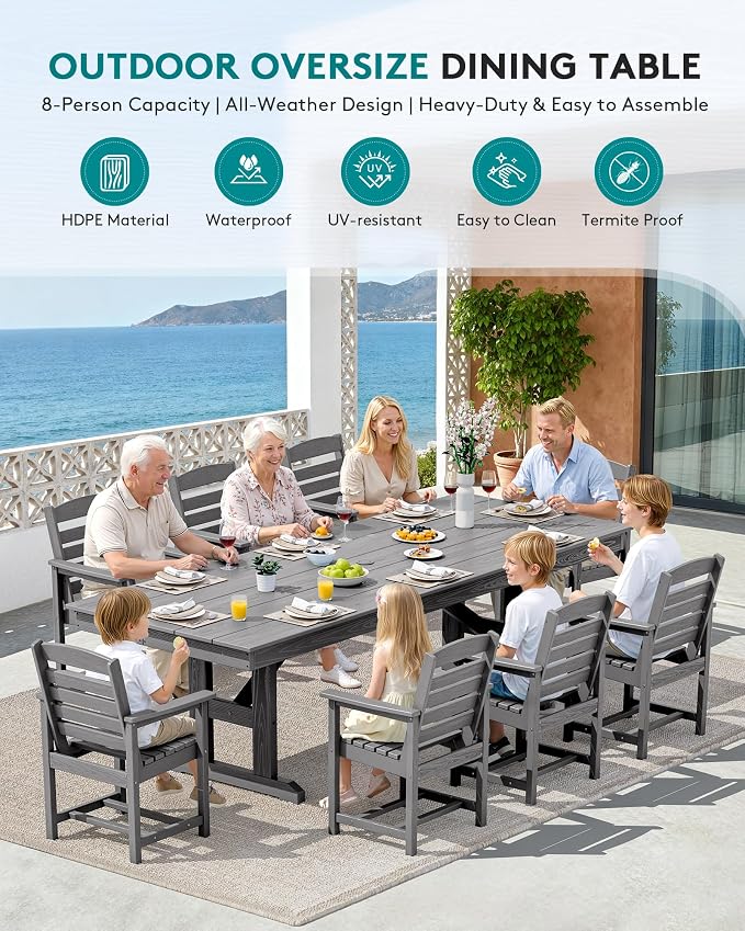 SERWALL 10 Piece Outdoor Dining Set with 15ft Triple-Head Foldable Umbrella(Based not Included), 84" HDPE Outdoor Table and Chairs for 8, Gray