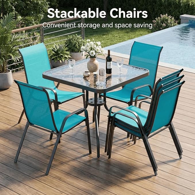 Arlopu 5 Piece Outdoor Patio Dining Set (Umbrella not Included), Porch Furniture with 4 Textline Chairs, 1 Square Glass Table for Garden, Backyard and Poolside, Lawn (Blue)