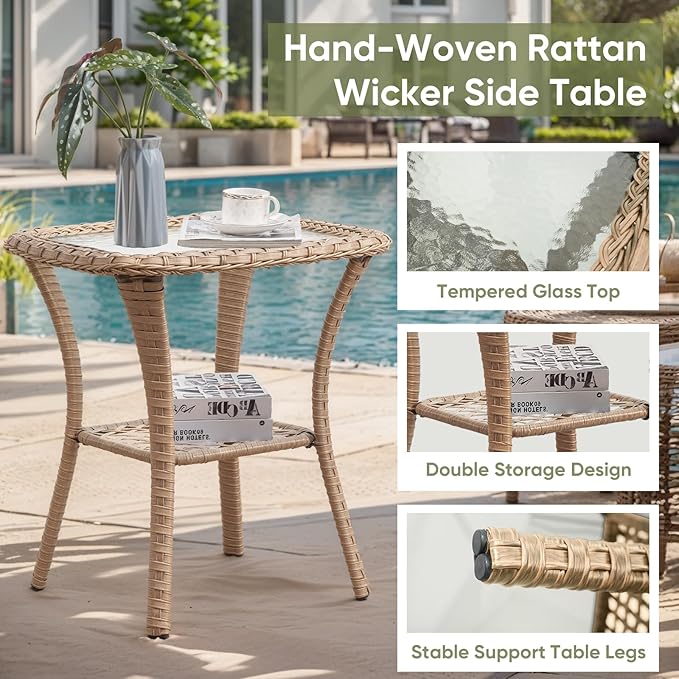 Outdoor Swivel Rocker Patio Chairs-Wicker Patio Swivel Chairs Set of 2 with Side Table PE Rattan Patio Furniture Set for Porch Deck Balcony Garden-Yellow/Blue