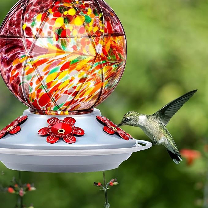Hummingbird Feeder, BOLITE Glass Hummingbird Feeders for Outdoors Hanging, Meshy Texture Ball Shape with Ant Moat, 5 Bee-Proof Ports, 360° Perch, Leak-Proof, 20oz, Purple, Gifts for Mom Dad Women Men