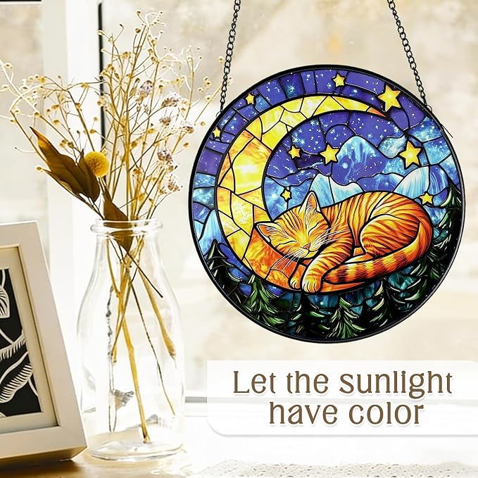 Cat Stained Glass Suncatcher Window, Cat Sun Catchers Indoor Window, Suncatcher for Mom/Women (Moon Sleeping)