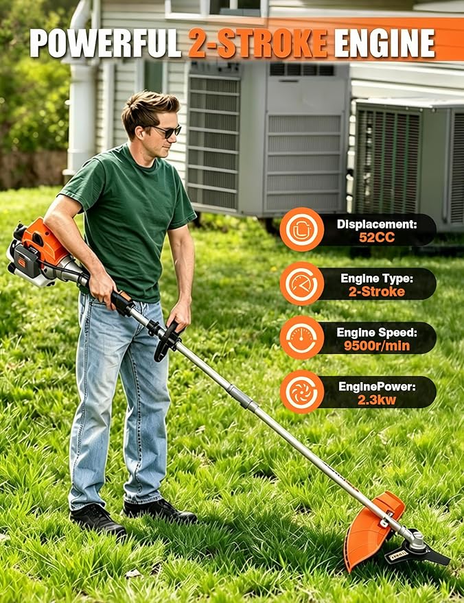 5-in-1 Gas Lawn Mower & Brush Cutter | 52CC 2-Cycle Cordless Trimmer with 43'' Extendable Pole | 2.3KW Weed Wacker, Chainsaw, Edger for Home Yard & Garden Maintenance Orange