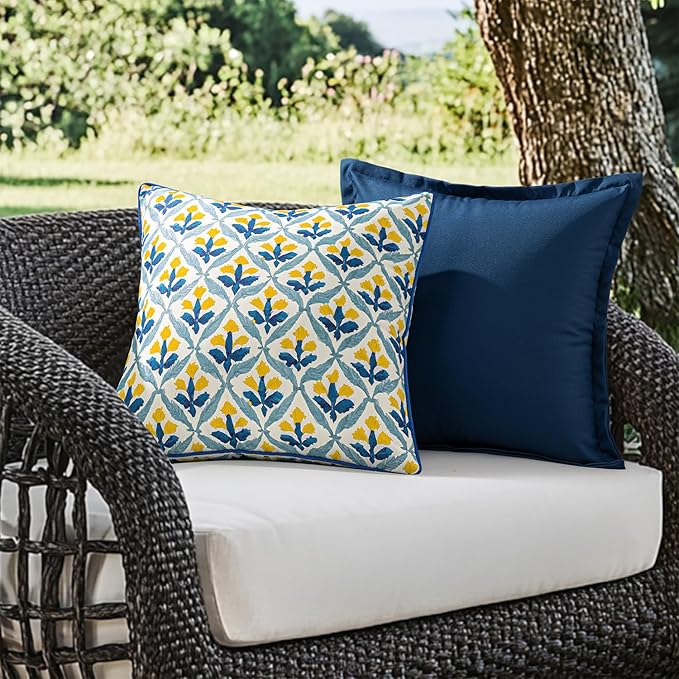 MIULEE Pack of 2 Decorative Outdoor Waterproof Throw Pillow Covers Flower Print Chic Boho Accent Pillow Covers for Square Garden Patio Cushion 18x18 Inch, Light Yellow Blue