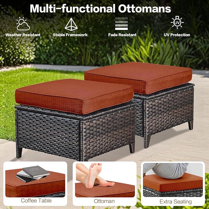 5 Pieces Outdoor Patio Furniture Conversation Set PE Rattan Wicker with a 3-Seater Sofa, 2 Armchairs, 2 Outdoor Ottomans for Yard Backyard (Brown/Orange)