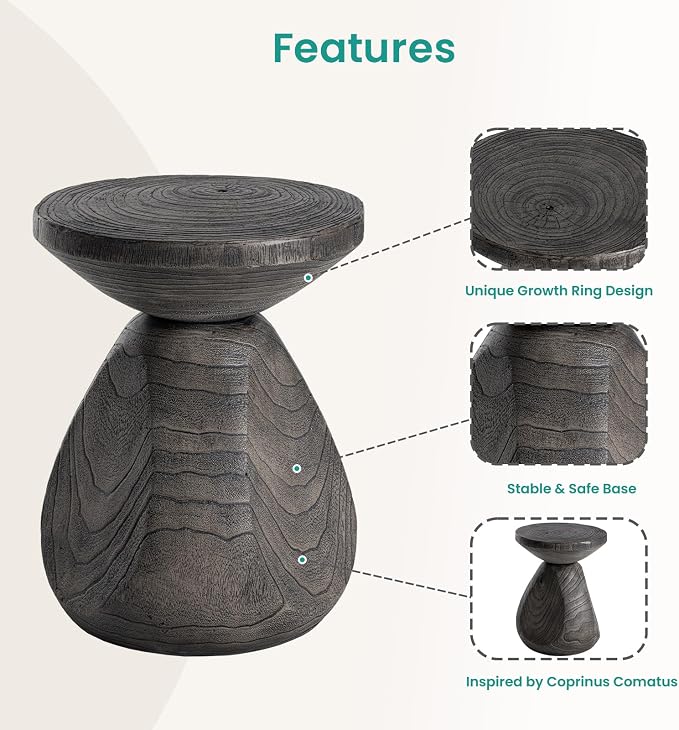 SUNBURY Outdoor Side Table, 14" Small Outdoor End Table, Patio Side Tables w Tree Ring, Round Concrete Side Tables, Garden Stool Plant Stand for Front Porch, Pool (Grey)