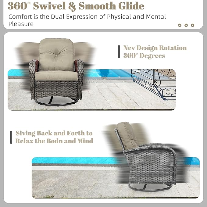Patio Furniture Conversation Set with Ottomans, 6 Piece Wicker Patio Swivel Rocking Chairs with 360° Swivel Glider and Glass Coffee Table for Porch, Deck, Garden,Beige