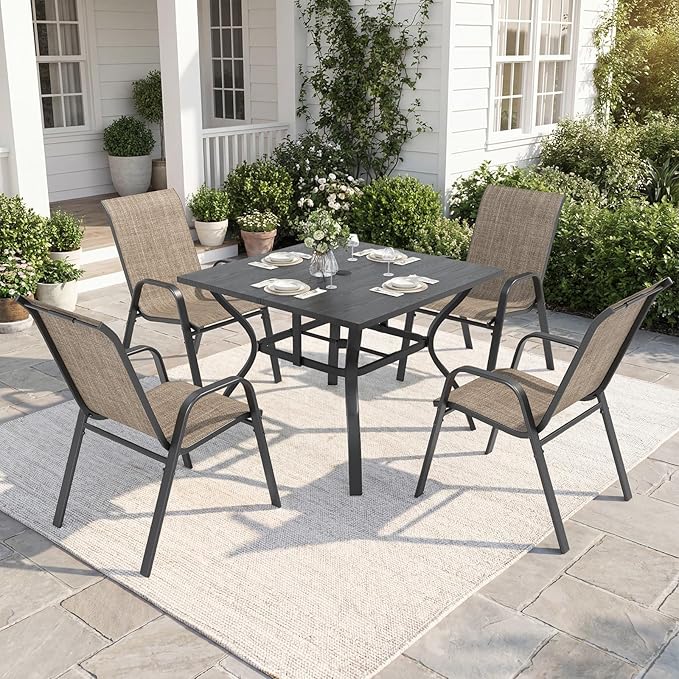 Outdoor Dining Set for 6, 7pcs Patio Table and Chairs Set with Adjustable Umbrella Hole,Heavy Duty 63”x37.8” Metal Dining Table and Stackable Patio Chair for Yard, Garden, Porch