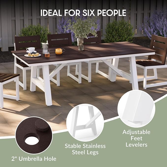 WestinTrends Cape May 9-Piece HDPE Outdoor Furniture Patio Dining Table with Umbrella Hole and Chairs Set for 8, Dark Brown