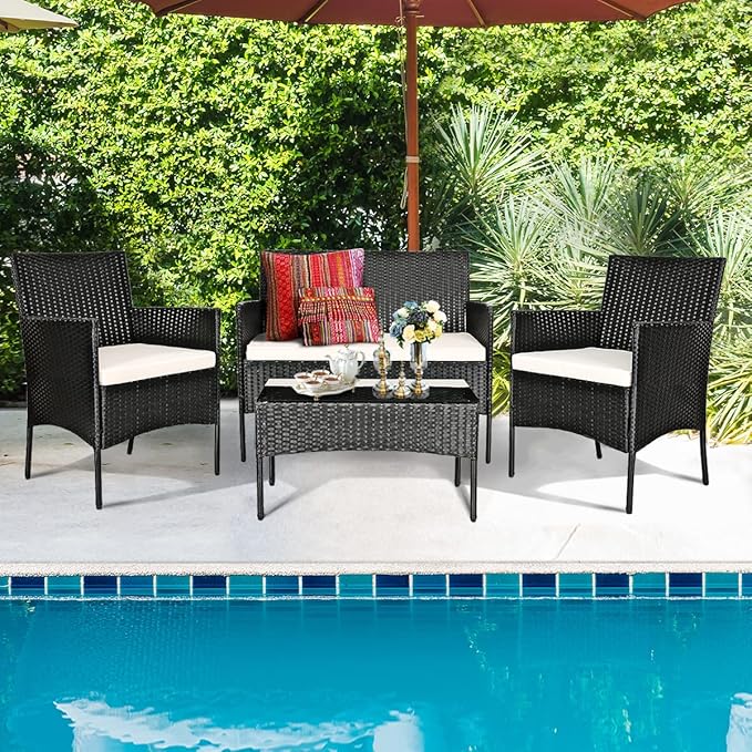HAPPYGRILL 8 Pieces Patio Furniture Set Rattan Wicker Conversation Set with Tempered Glass Top Table, Outdoor Wicker Sofa Set with Removable Cushions for Poolside Garden Backyard