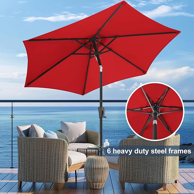FLAME&SHADE 9ft Patio Umbrella Outdoor - Table Umbrella with Push Button Tilt and Crank, UV Protection, 6 Sturdy Ribs, Market Umbrella for Garden, Deck, Backyard, Lawn, Pool and Beach(Red)