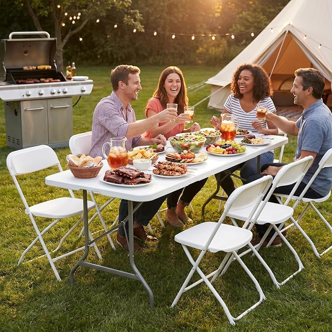 Sweetcrispy 6 FT Folding Picnic Table with 6 White Folding Chairs, Easy to Fold and Store, Foldable Table for Camping Picnic Dining Party Kitchen Outdoor Indoor with Carrying Handle