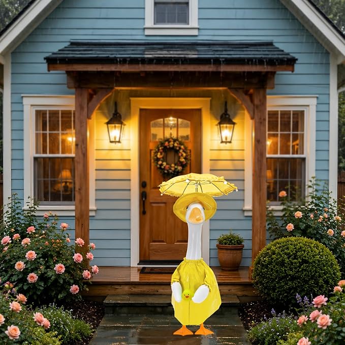 23 Inch Porch Goose Raincoat Outfit Set with Umbrella & Baby Duck Companion, Waterproof Geese Clothes for 19–23 Inch Goose and Duck Statues,Garden Yard Patio Outdoor Decor