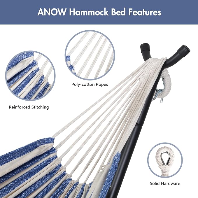 ANOW Two Person Hammock with Stand for Outside, Space Saving Hammock Stand with Adjustable Height, 475 Lbs Capacity, Blue and White Stripe