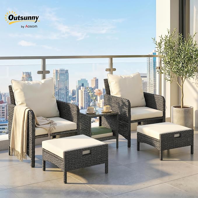 Outsunny 5 Piece Patio Furniture Set, Wicker Balcony Furniture with 23.6" Wide Deep Seat, 2 Ottomans, Glass Coffee Table, Cushions, Rattan Outdoor Conversation Patio Set for Garden Porch, Beige