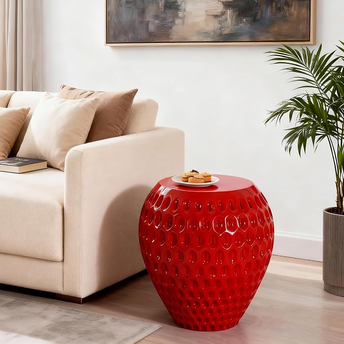 Christopher Knight Home Veygar MGO Outdoor Side Table with Flat Round Top, Lightweight Concrete Accent Table for Indoor/Outdoor Usage, Cute Strawberry-Inspired Small End Table, No Assembly, Red