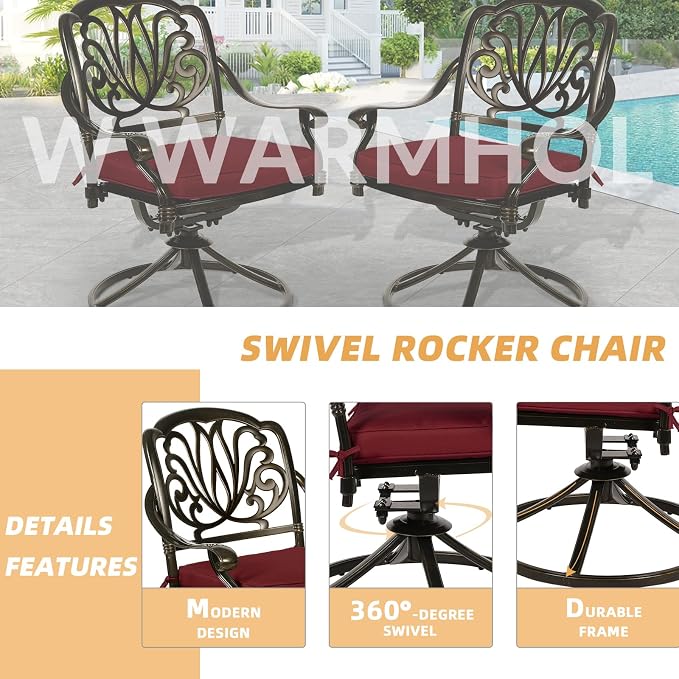 9-Piece Patio Dining Set, Outdoor Patio Table and Chair Set of 84” Oval Cast Aluminum Dining Table with Umbrella Hole, 8 Patio Dining Swivel Chairs Padded, Patio Funiture Set, Red