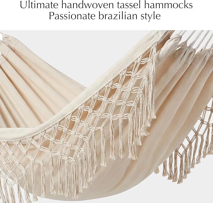 PNAEUT Double Hammocks for Outside, Replacement Outdoor Tree Hammock for Indoor Patio Porch Garden (Tassel Beige, Medium)