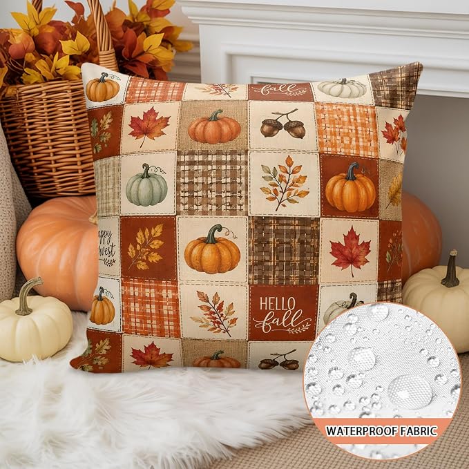 Thanksgiving Checked Throw Pillow Covers 18x18 Inch Set of 2, Fall Waterproof Outdoor Pillow Covers, Pumpkins Maple Orange Checker Decorative Cushion Pillowcases for Couch, Sofa, Bed, Garden, Patio