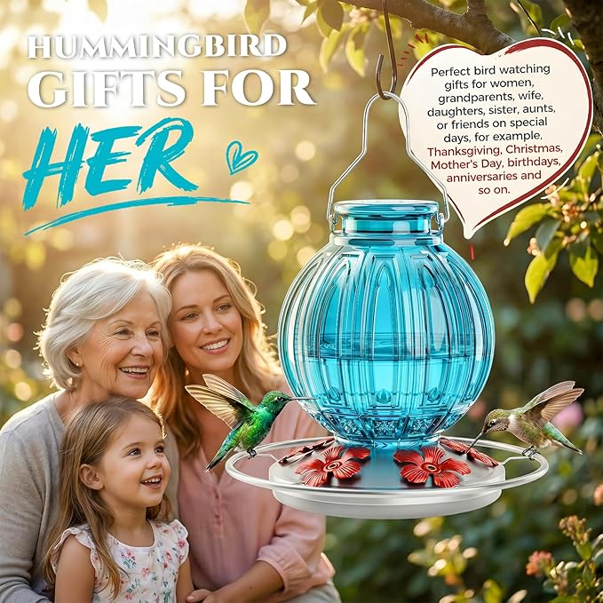 Glass Hummingbird Feeder for Outdoors Hanging, 26Oz Bird Nectar Feeder with Perch & 5 Flower Feeding Ports, Leak Proof for Outside Garden Decor Backyard, Gifts for Women Mom, Blue