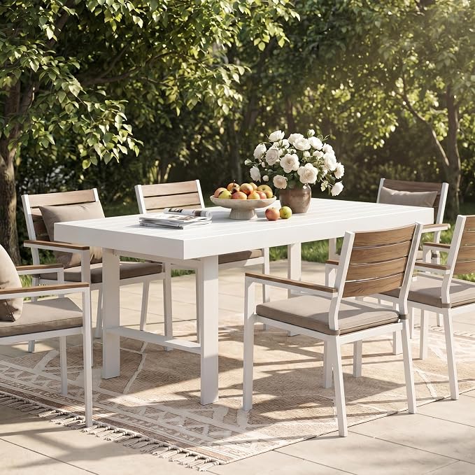 Wisteria Lane Aluminum Outdoor Patio Furniture Dining Table, All-Weather Outdoor Metal Dining Table, Modern Rectangle High Table for Party, for Balcony, Garden, White