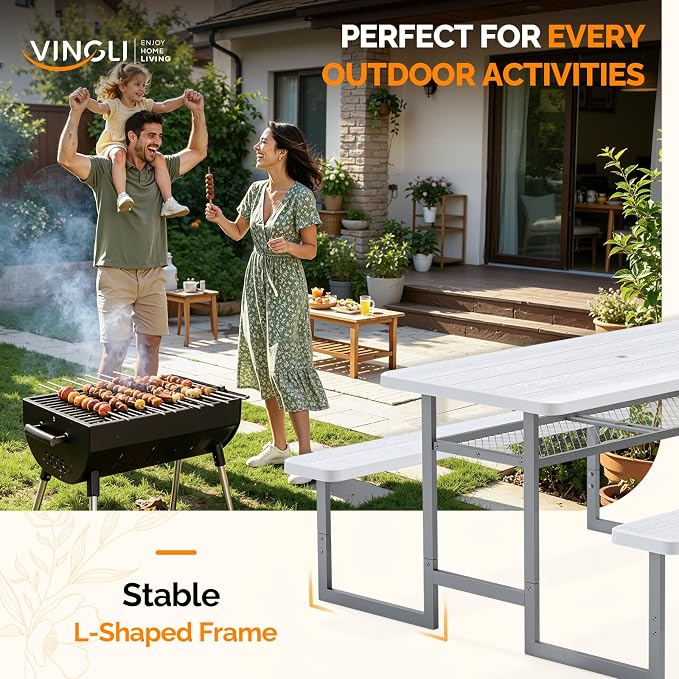 VINGLI 4.5ft Outdoor Picnic Table with Storage Shelf & 7.5 ft Umbrella, Wood Grain HDPE Top with Metal Frame Plastic Picnic Table for Dining Party Garden (White Table)