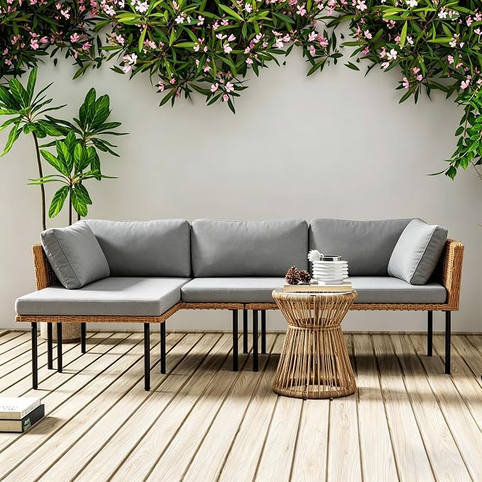 DECMICO 3-Piece Patio Furniture Set, L-Shaped Outdoor Sectional Sofa with Thick Cushions, All-Weather Rattan Conversation Set, Boho Style Detachable 3-Seater Lounger (Charcoal Grey)