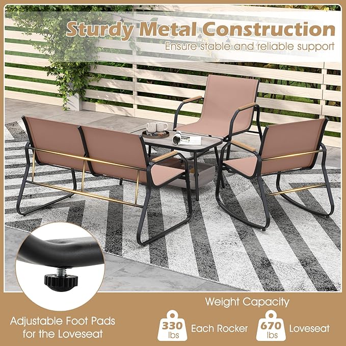 Tangkula 8 Pieces Patio Furniture Set with 2 Rocking Bistro Chairs, Outdoor Conversation Set with 2-Tier Coffee Table and Breathable Fabric Chairs for Porch, Garden, Lawn and Backyard (2, Brown)