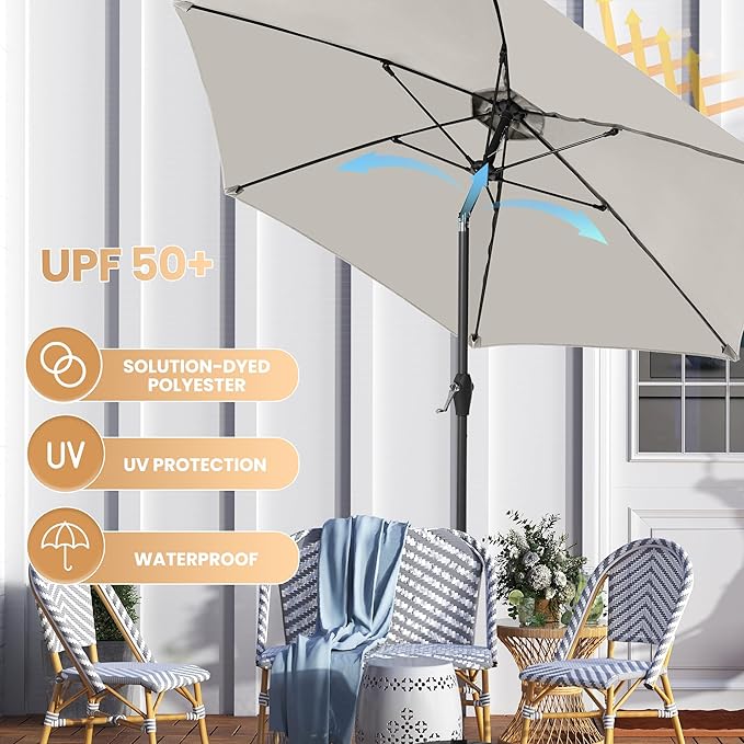 Ayge 7.5FT Large Outdoor Patio Umbrella Market Table Umbrella-UV Resistant,Easy Push Button Tilt and Crank, 6 Sturdy Fiberglass Ribs Heavy-Duty Pool Umbrella for Deck,Backyard,Garden,Yard,Light Grey