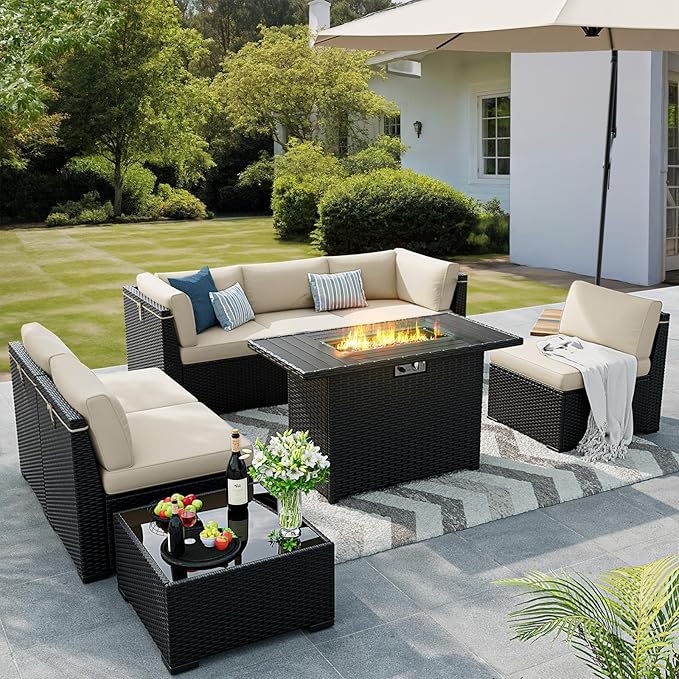 8 Pieces Outdoor Patio Furniture Set with 44" Fire Pit Table Black Rattan Sectional Conversation Sets w/Gas Fire Pit, Coffee Table, 1 Waterproof Covers, Khaki
