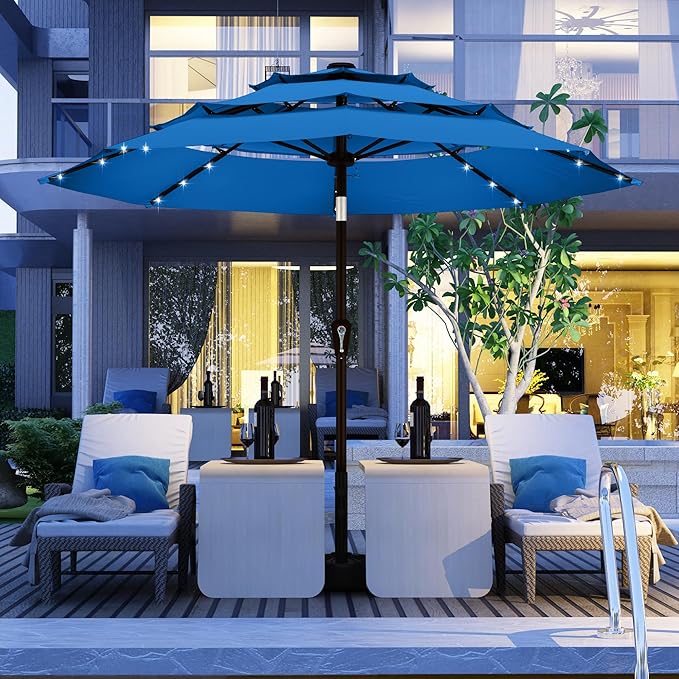 Kingdura 10ft 3-Tier Patio Umbrella with Solar Lights, Table Umbrella Outdoor Patio with Easy Crank & Tilt, 8 Sturdy Ribs, UV Protection, 32 LED Lights for Deck, Poolside, Market (Royal blue)