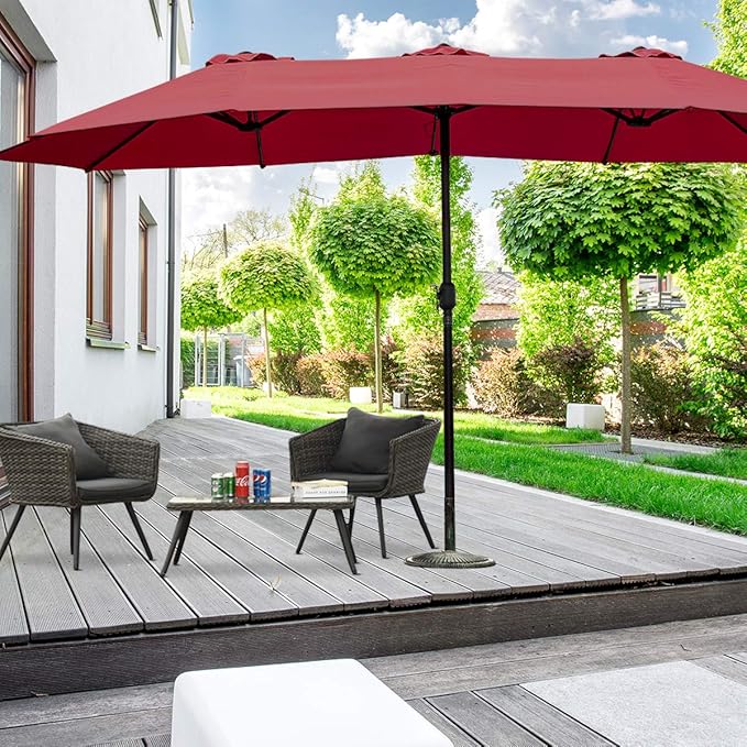 Tangkula 15 Ft Patio Umbrella Double-Sided Outdoor Market Table Umbrella with Crank (Wine Red)