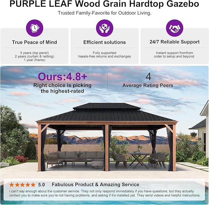PURPLE LEAF 14' X 20' Outdoor Hardtop Gazebo for Patio Galvanized Steel Double Roof Permanent Canopy Teak Finish Coated Aluminum Frame Pavilion Gazebo with Netting and Khaki Curtains