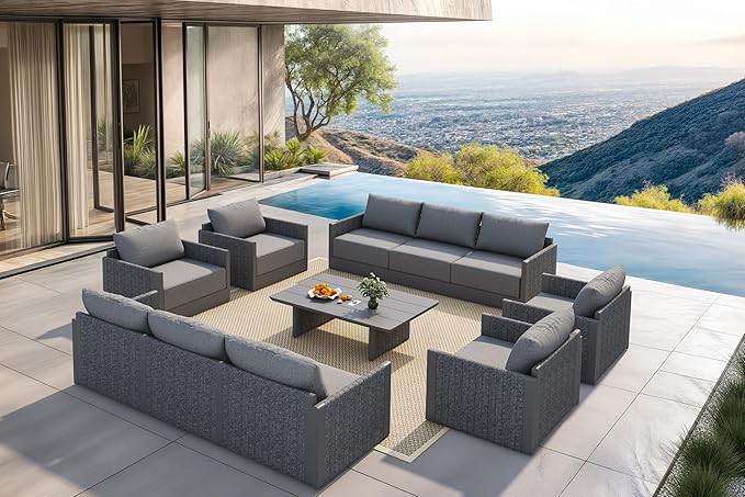 PURPLE LEAF 11 Pieces Patio Conversation Sets with Aluminum Table All Weather Outdoor Sectional Set with Cushion Patio Conversation Set for Garden Poolside Backyard Gray