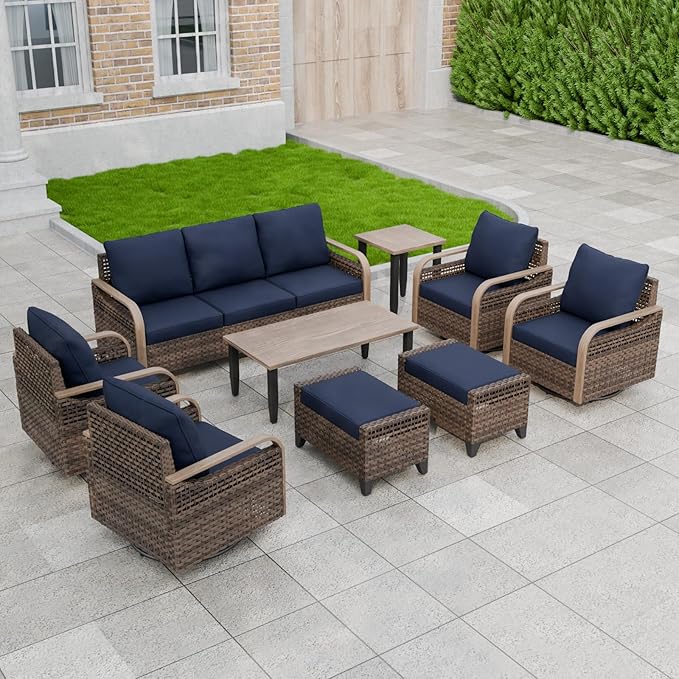 Modern Wicker Patio Furniture Set, Rattan Outdoor Conversation Set, 4 Swivel Rocking Chairs, 3 Seat Couch, 2 Ottomans, Coffee Table and Side Table, 9 Pieces, Brown/Blue