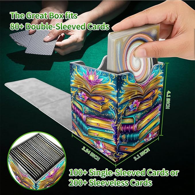 Deck Box for MTG, Cards Storage Box Fits 120+ Sleeved, Leather Medium Size Strong Magnetic Closing Card Case for Board Games Magic TCG CCG Baseball Collection, Book Lotus Flower