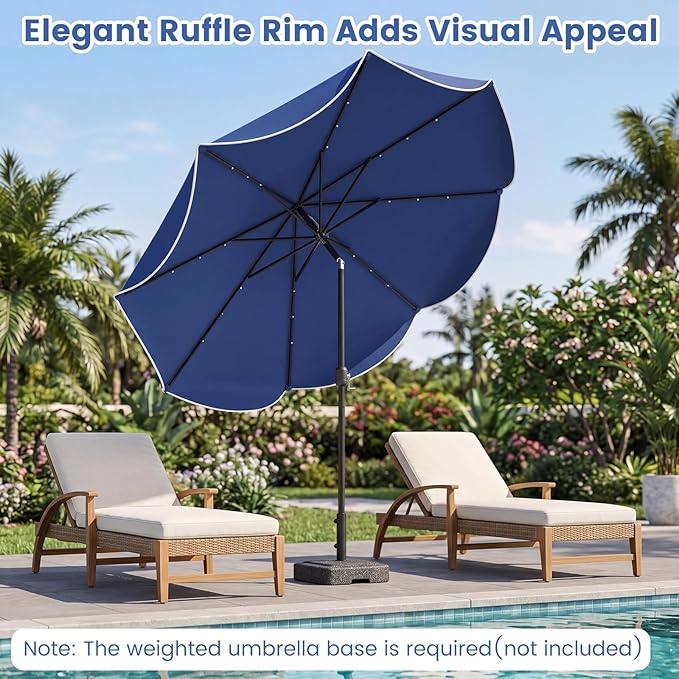 Tangkula 10 FT Solar Patio Umbrella, 2-Tiers Outdoor Scalloped Table Umbrella with 24 LED Lights, Tilt Adjustment, Crank, 8 Ribs for Market Backyard Pool Deck Beach Lawn (Navy)