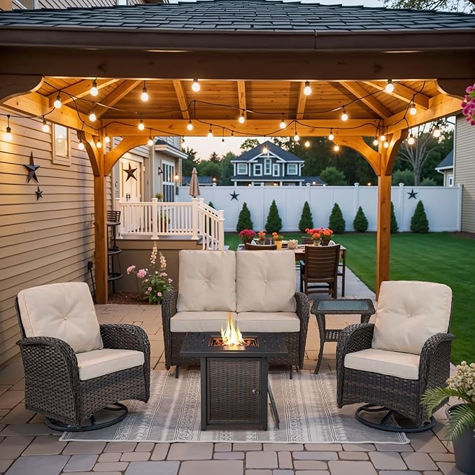 Belord 5 Pieces Patio Furniture Set with 30” Propane Fire Pit Table, Deep Seating Swivel Rocker Glider Outdoor Chairs Set of 4 with Side Table Set of 2 Patio Conversation Set Brown Wicker