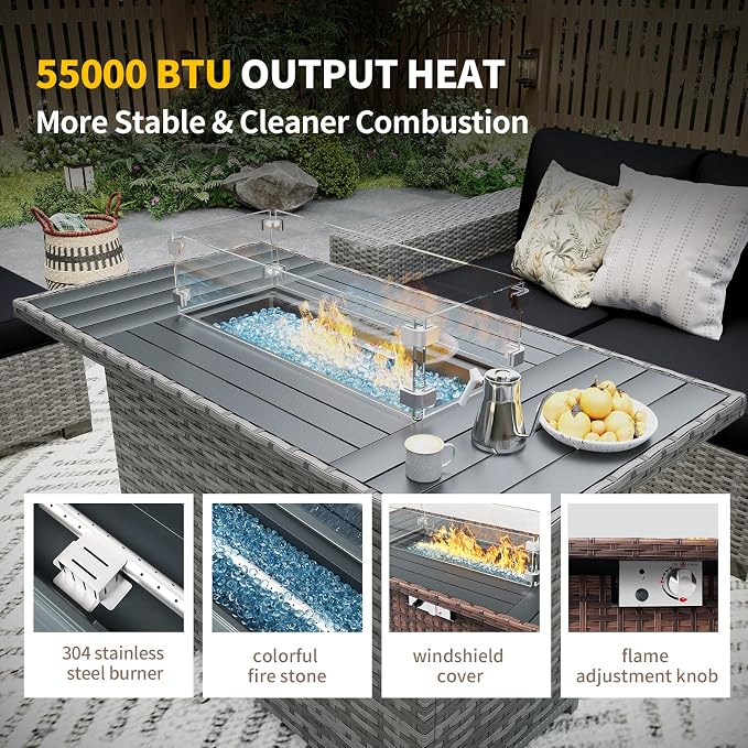 Patio Furniture with Fire Pit Table,8‘’ Wide armrest Outdoor Sectional Rattan Sofa Set, Wicker Patio Furniture Sets w/Coffee Table,Thick Cushions and Cover for Porch,Deck, 9PC(Grey&Black)
