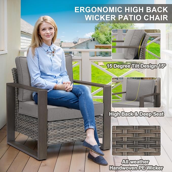 Belord 5 Piece Outdoor Wicker Patio Conversation Furniture Set Deep Seating, Metal Wide Armrests Patio Sofa Set with Rattan Chairs Ottomans for Porch Deck Sunroom Backyard