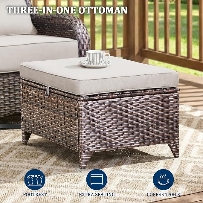 Luxury Swivel Rocker Chair Sofa Set with 6" Thick Cushions,12-Piece Wicker Patio Furniture Set with Ottoman,Outdoor Comfortable High Back Chair Patio Furniture Set - Brown | Beige