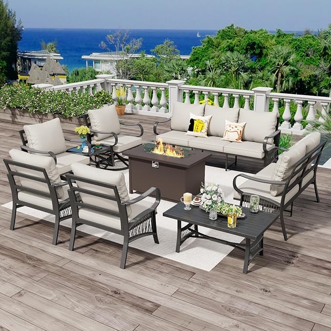 9 Piece Patio Furniture Set with 50000 BTU Propane Fire Pit Table, All Weather Outdoor Conversation Set with 2 Swivel Chairs, Sofa and Thick Cushions for Garden, Porch, Lawn, Beige