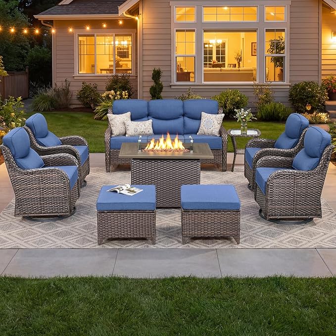 Luxury Patio Furniture Set with 6-inch Thick Cushion, Outdoor Furniture with Fire Pit Table, Swivel Chairs, Sofa, Side Table, Ottomans, 9pcs Wicker Conversation Set for Deck Yard and Poolside(Blue)