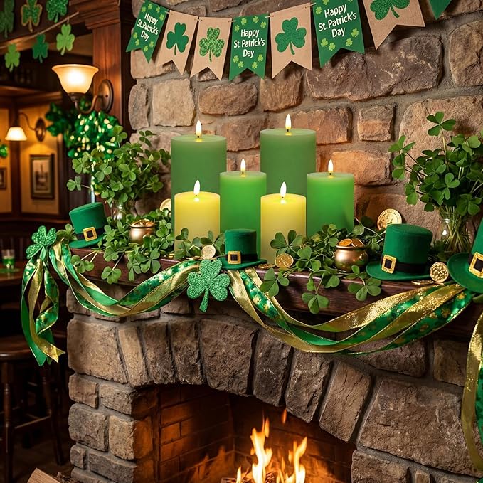 6 Pcs St Patrick s Day Flameless Candles LED Flameless Pillar Candles Wax LED Fake Candle with Remote and Timer Flickering H 4 5 6 for Wedding Party Holiday Party Decor